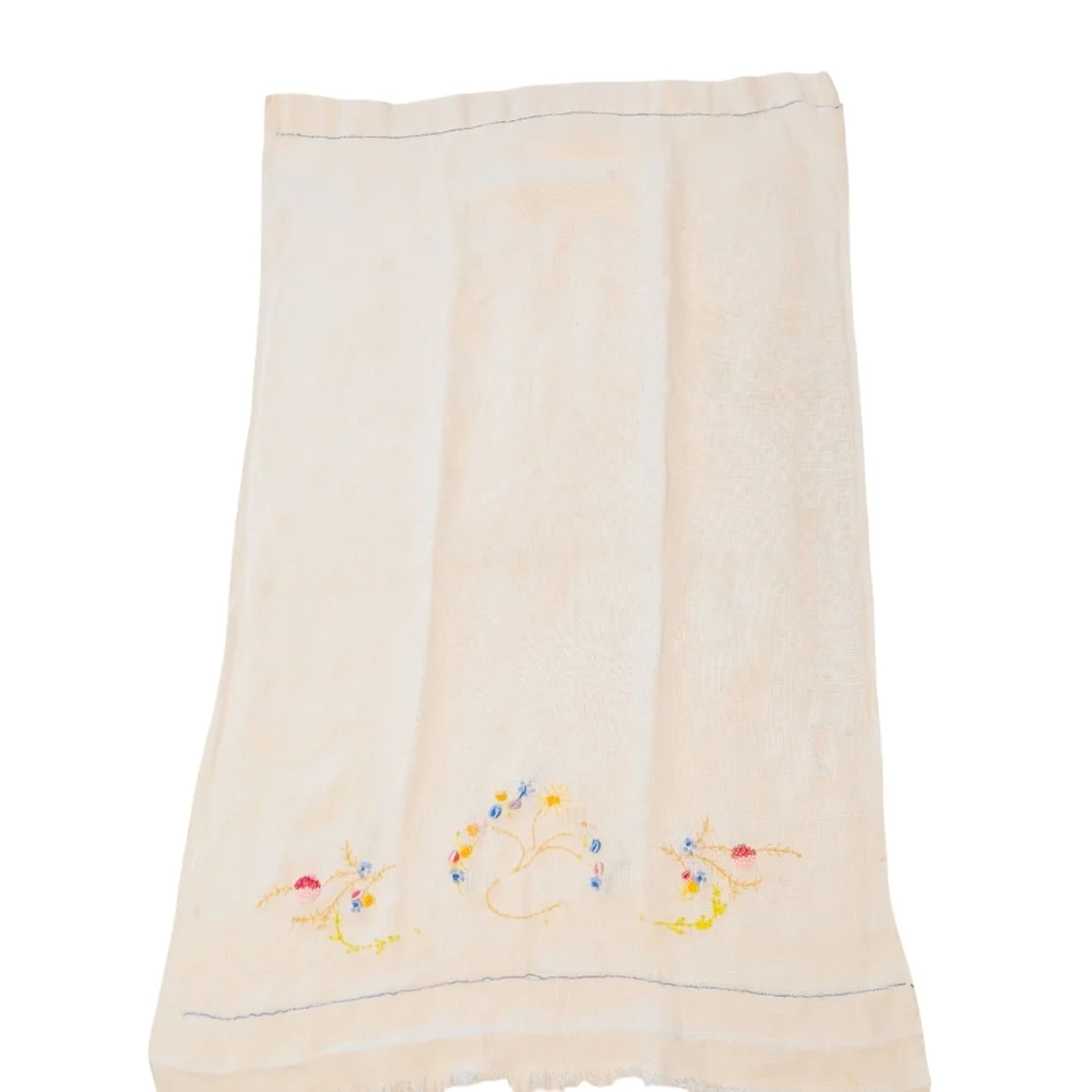 VINTAGE Dish Towel Embroidered Linen Farmhouse Floral White Yellow Blue